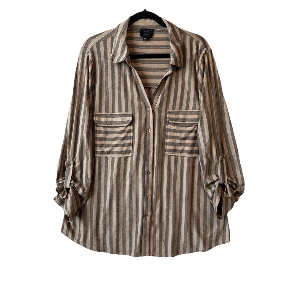 Flower & Feather Striped Button Down Roll Tab Sleeve Shirt 2XL Boho Quiet Luxury